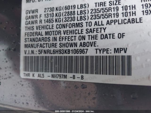 5FNRL6H93KB106967 Honda Odyssey Elite