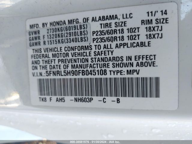5FNRL5H90FB045108 Honda Odyssey Touring/touring Elite