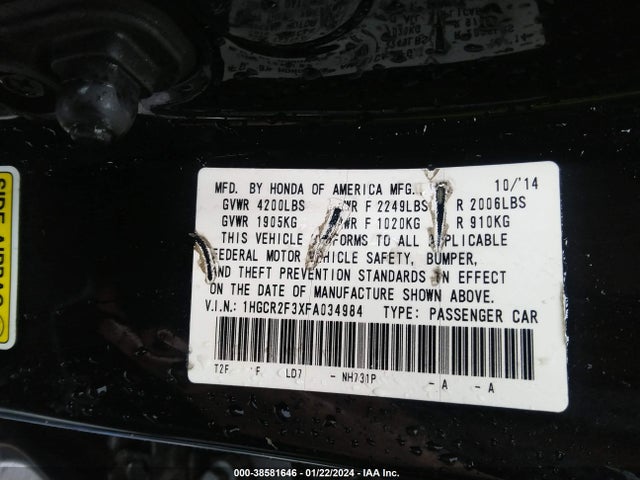 Honda ACCORD LX 2015 1HGCR2F3XFA034984 Image 9
