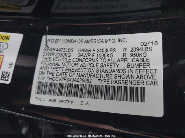 2018 HONDA ACCORD SPORT 2.0T VIN: 1HGCV2F3XJA025982