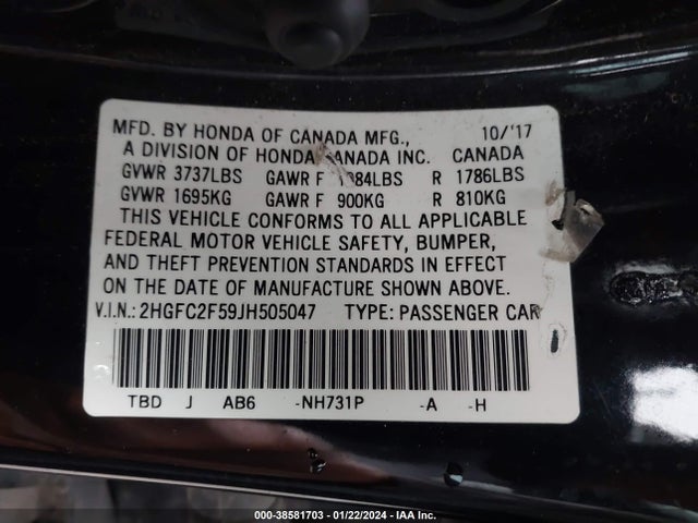 Honda Civic Lx 2018 2HGFC2F59JH505047 Image 9