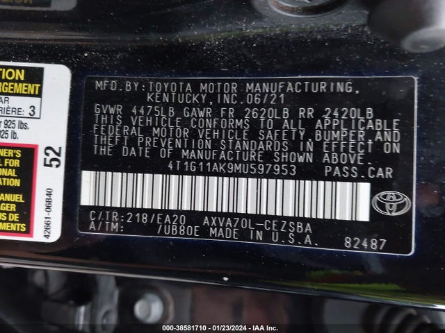 Aukcja sprzedaży 2021 Toyota Camry Se, vin: 4T1G11AK9MU597953, numer aukcji: 38581710