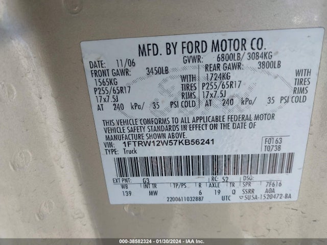 2007 FORD F-150 XLT VIN: 1FTRW12W57KB56241