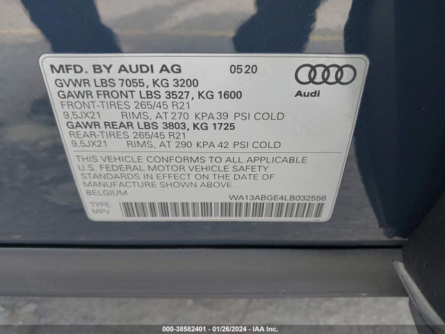2020 AUDI E-TRON SPORTBACK PRESTIGE QUATTRO VIN: WA13ABGE4LB032556