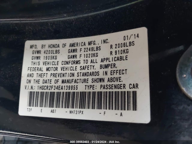Honda ACCORD LX 2014 1HGCR2F34EA139955 Image 9