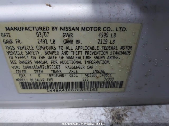 2007 NISSAN MAXIMA 3.5 SE VIN: 1N4BA41E87C855163