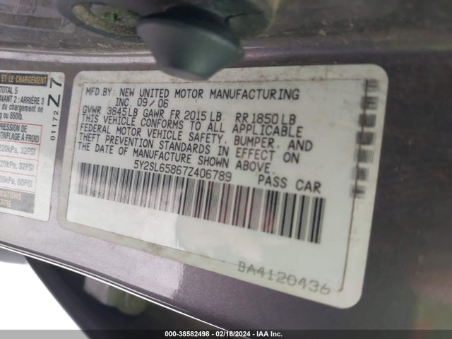 2007 PONTIAC VIBE VIN: 5Y2SL65867Z406789