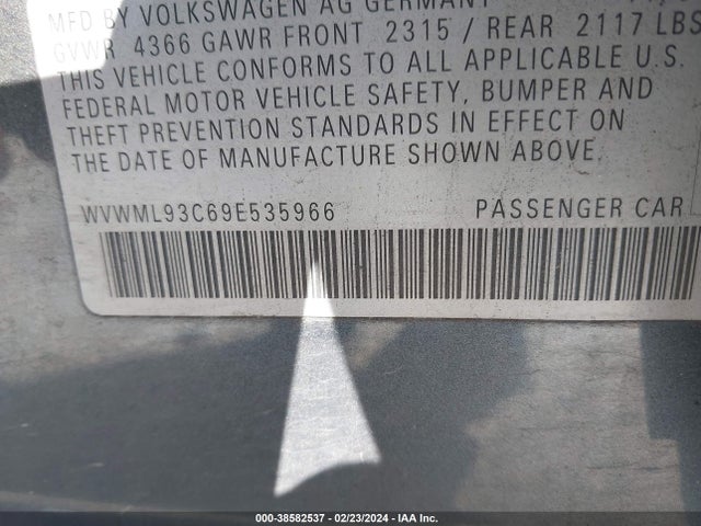 2009 VOLKSWAGEN CC SPORT VIN: WVWML93C69E535966