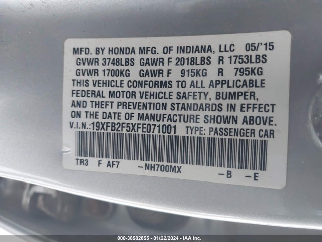 2015 HONDA CIVIC LX VIN: 19XFB2F5XFE071001