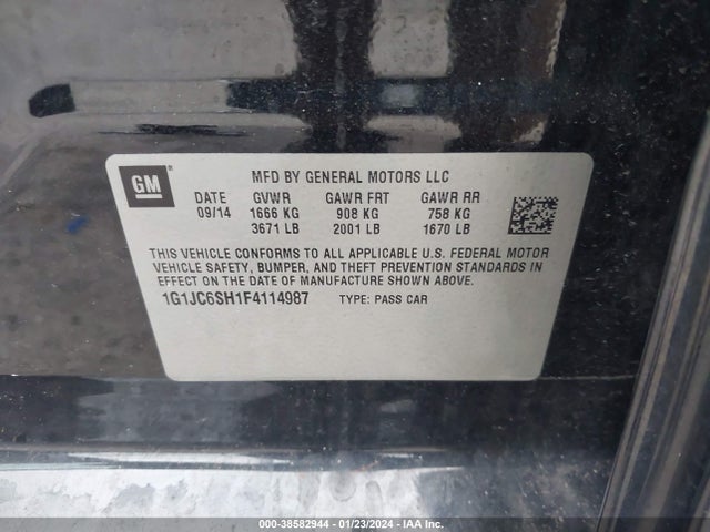2015 Chevrolet Sonic Lt Auto მანქანა იყიდება აუქციონზე, vin: 1G1JC6SH1F4114987, აუქციონის ნომერი: 38582944