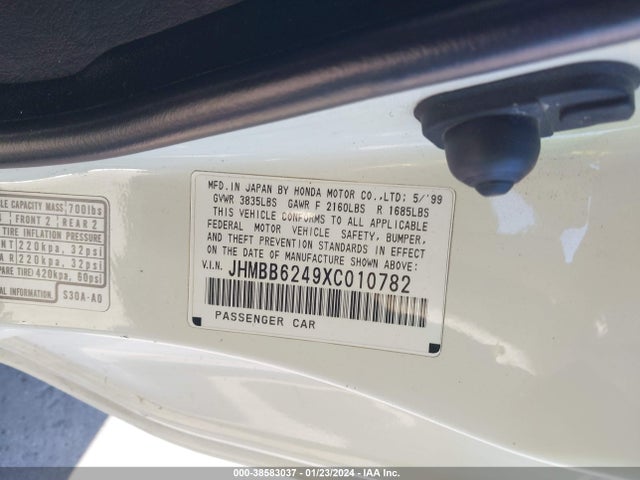 Aukcja sprzedaży 1999 Honda Prelude, vin: JHMBB6249XC010782, numer aukcji: 38583037