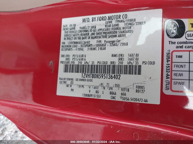2009 FORD MUSTANG V6 PREMIUM VIN: 1ZVHT80N595136402