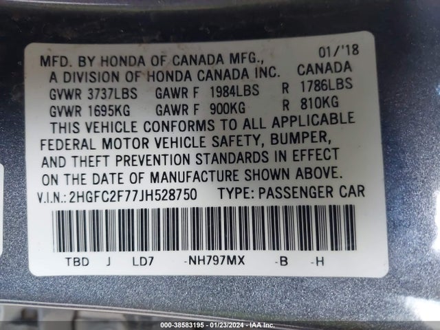 Honda CIVIC EX 2018 2HGFC2F77JH528750 Image 9