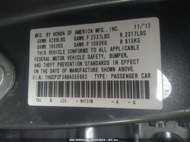 2011 HONDA ACCORD 2.4 LX VIN: 1HGCP2F38BA055963