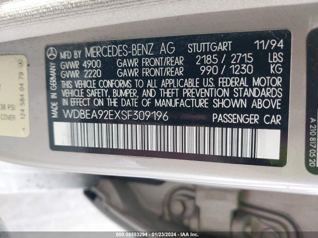 Продаж на аукціоні авто 1995 Mercedes-benz E 320, vin: WDBEA92EXSF309196, номер лоту: 38583294