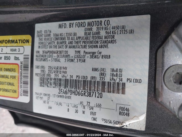 Ford FUSION SE 2016 3FA6P0HD6GR387120 Image 9