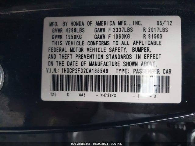 2012 HONDA ACCORD 2.4 LX VIN: 1HGCP2F32CA168549