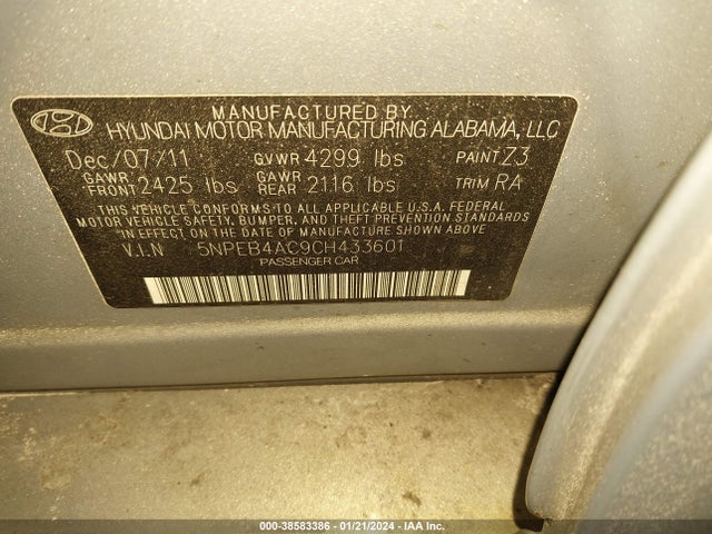 2012 HYUNDAI SONATA GLS VIN: 5NPEB4AC9CH433601