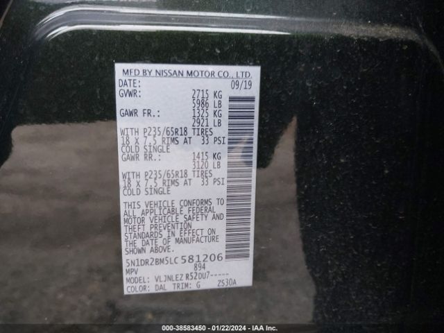 5N1DR2BM5LC581206 Nissan Pathfinder Sv 4wd