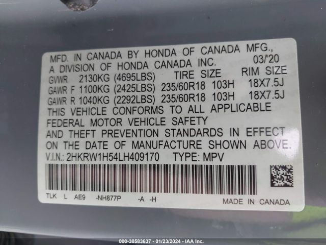 2HKRW1H54LH409170 Honda Cr-v 2wd Ex