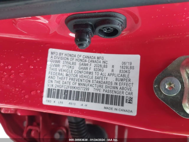 2019 HONDA CIVIC LX VIN: 2HGFC2F68KH577299