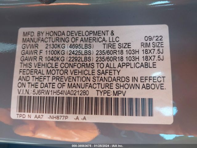 5J6RW1H54NA021280 Honda Cr-v 2wd Ex
