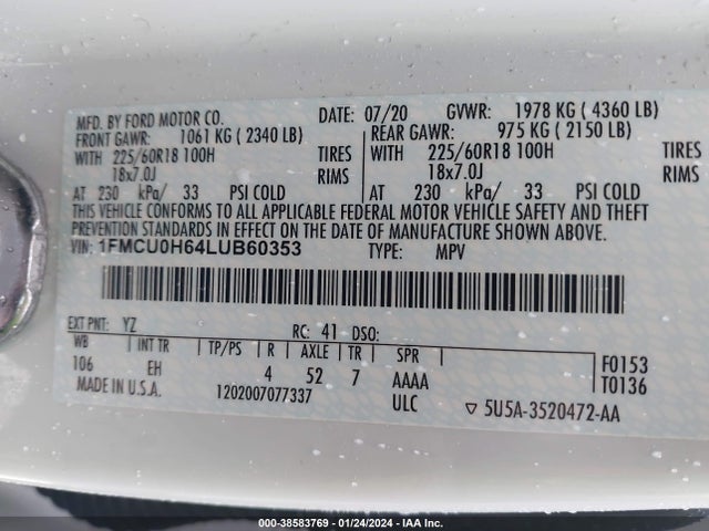 Ford ESCAPE SEL 2020 1FMCU0H64LUB60353 Image 9