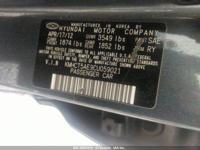 2012 HYUNDAI ACCENT GS VIN: KMHCT5AE9CU059021