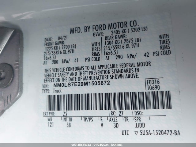 Продажа на аукционе авто 2021 Ford Transit Connect Xl, vin: NM0LS7E29M1505672, номер лота: 38584333