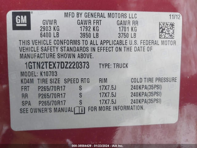 2013 GMC SIERRA 1500 WORK TRUCK VIN: 1GTN2TEX7DZ220373