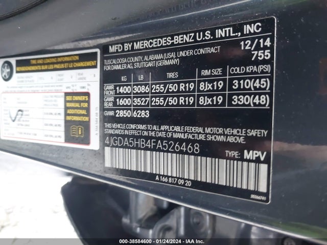 Mercedes-Benz Ml 350 4matic 2015 4JGDA5HB4FA526468 Image 9