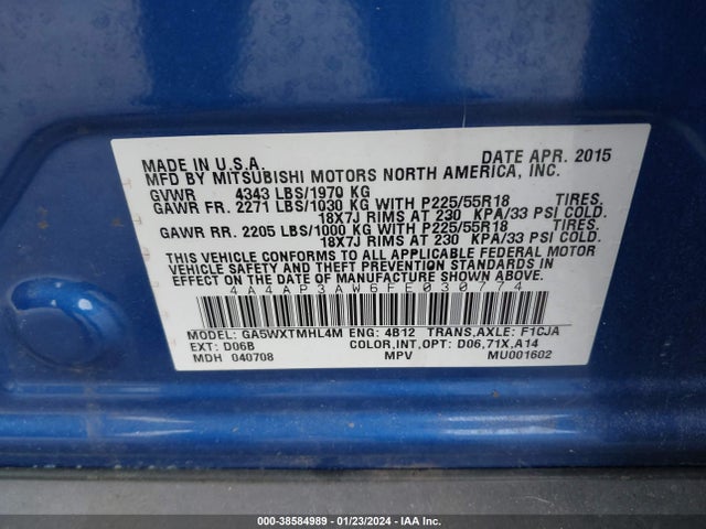 4A4AP3AW6FE030774 Mitsubishi Outlander Sport Es