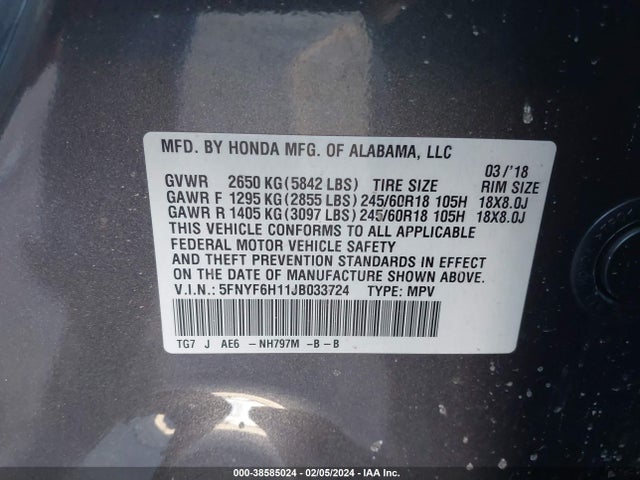 Honda PILOT LX 2018 5FNYF6H11JB033724 Image 9