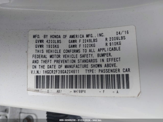 Honda ACCORD LX 2016 1HGCR2F39GA204611 Image 9