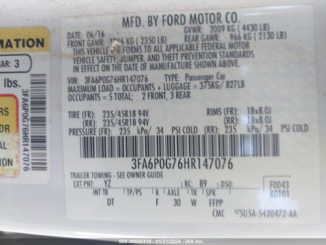 3FA6P0G76HR147076 Ford FUSION S