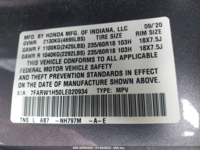 7FARW1H50LE020934 Honda Cr-v 2wd Ex