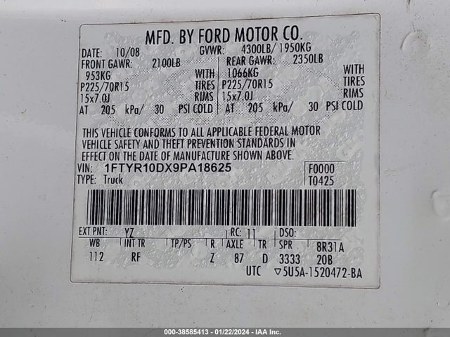 2009 FORD RANGER SPORT/XL/XLT VIN: 1FTYR10DX9PA18625