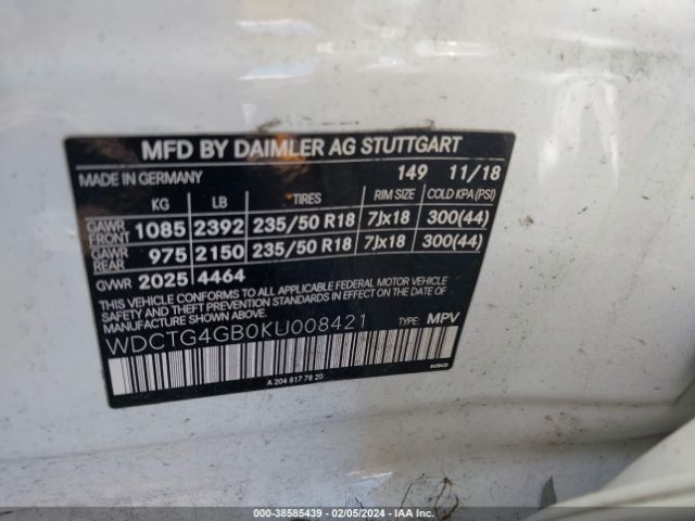 WDCTG4GB0KU008421 Mercedes-Benz Gla 250 4matic