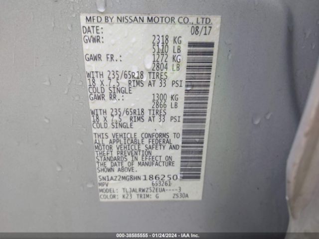 5N1AZ2MG8HN186250 Nissan MURANO SL