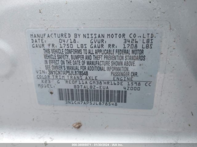 3N1CN7AP5JL878548 Nissan Versa 1.6 Sv