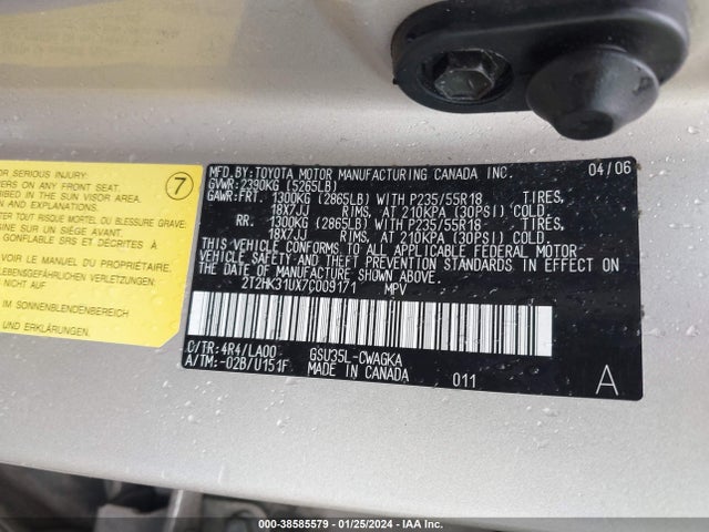 2007 LEXUS RX 350 VIN: 2T2HK31UX7C009171