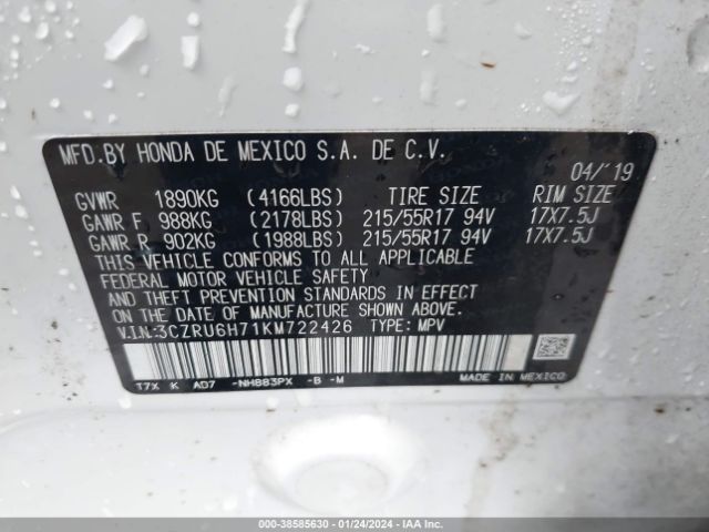 3CZRU6H71KM722426 Honda Hr-v Ex-l