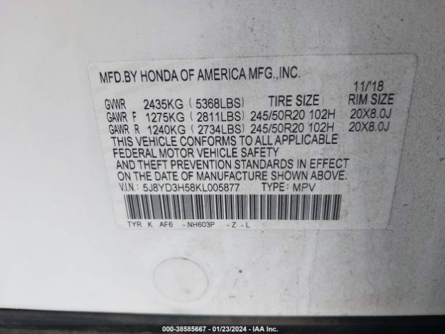5J8YD3H58KL005877 Acura Mdx Tech Pkg