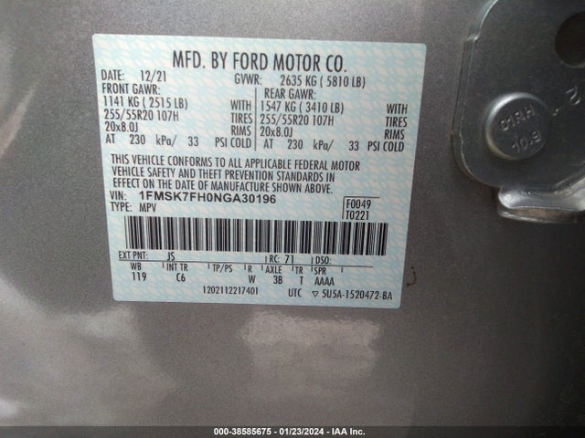 Ford Explorer Limited 2022 1FMSK7FH0NGA30196 Image 9