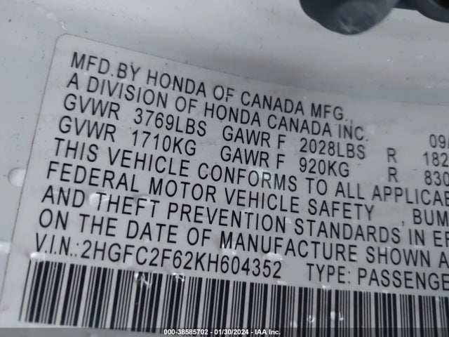 Honda Civic Lx 2019 2HGFC2F62KH604352 Image 9