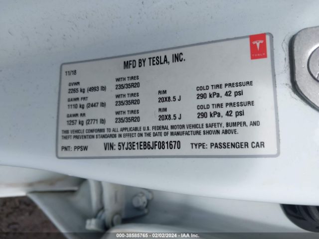 5YJ3E1EB6JF081670 Tesla Model 3 Long Range/performance