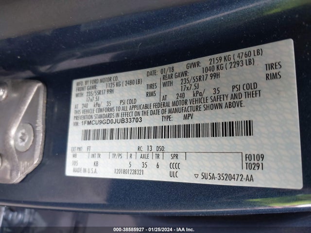 Ford ESCAPE SE 2018 1FMCU9GD0JUB33703 Image 9