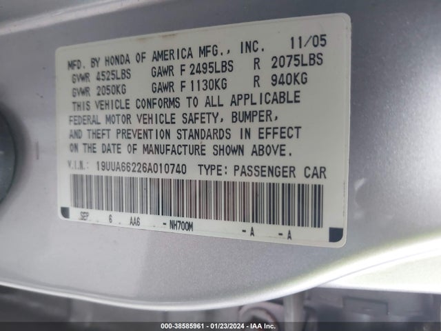 2006 ACURA TL VIN: 19UUA66226A010740