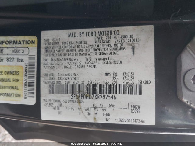Ford FUSION SE 2019 3FA6P0HD7KR282546 Image 9