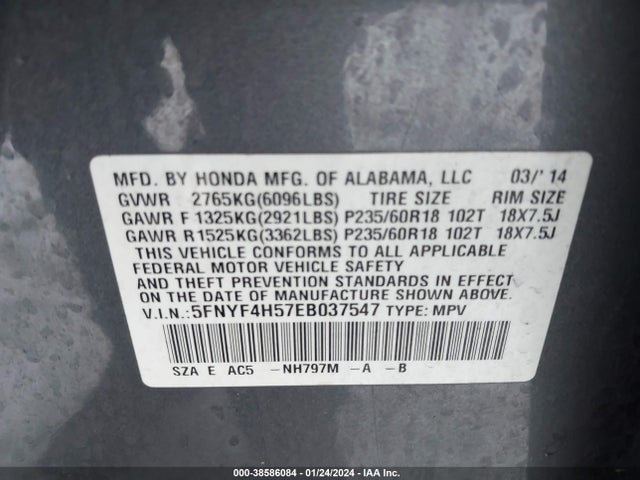 Honda Pilot Ex-l 2014 5FNYF4H57EB037547 Image 9